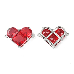 Red Brass Pave Cubic Zirconia Connector Charms, Heart Links, Real Platinum Plated, Red, 18.5x26x7.5mm, Hole: 1.6mm