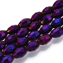 Indigo Perles en verre electroplate, de couleur plaquée ab , ovale à facettes, indigo, 6x4mm, Trou: 1mm, Environ 67~68 pcs/chapelet