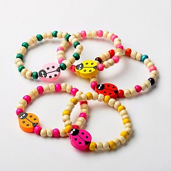 Mixed Color Stretchy Wood Bracelets for Kids, Children's Day Gifts, with Random Color Ladybug Beads, Mixed Color, 45mm