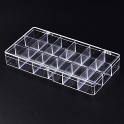 Clear Polystyrene Bead Storage Containers, 18 Compartments Organizer Boxes, with Hinged Lid, Rectangle, Clear, 20.4x10.5x3cm, compartment: 3.3x3.3cm