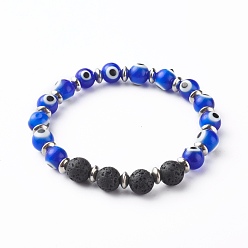 Blue Handmade Evil Eye Lampwork Beaded Stretch Bracelets, with Natural Lava Rock & 304 Stainless Steel Beads, Blue, Inner Diameter: 2-5/8 inch(6.6cm)