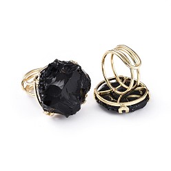 Obsidian Adjustable Natural Rough Raw Obsidian Finger Rings, with Brass Findings, Nuggets, Golden, Size 8~9, 18~19.5mm