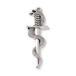 Antique Silver Tibetan Style Alloy Pendants, Sword with Snake Charm, Antique Silver, 39.5x13.5x2.8mm, Hole: 1.5mm