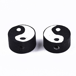 Black Handmade Polymer Clay Beads, Flat Round with Yin Yang, Black, 9~10x9~10x4~7mm, Hole: 2mm