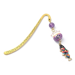 Amethyst Japanese Style Maneki-neko Bookmark, Lucky Cat & Fish Pendant Bookmark with Natural Round Amethyst, Alloy Hook Bookmarks, 84mm