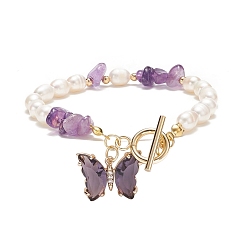 Amethyst Glass Butterfly Charm Bracelet with Clear Cubic Zirconia, Natural Amethyst Chips & Pearl Beaded Bracelet for Women, 7-5/8 inch(19.5cm)