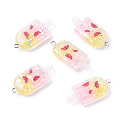 Watermelon Resin Pendants, with Platinum Tone Iron Loop, Imitation Food, Ice-lolly with Fruit, Watermelon Pattern, 37x16.5x17.5mm, Hole: 2mm