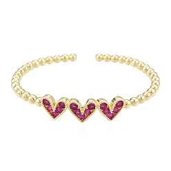 Magenta Cubic Zirconia Triple Heart Open Cuff Bangle, Real 18K Gold Plated Brass Jewelry for Women, Magenta, Inner Diameter: 1-7/8x2-1/8 inch(4.9x5.5cm)