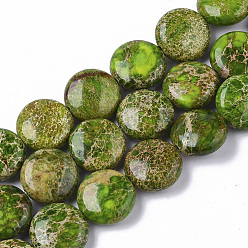 Lime Green Natural Imperial Jasper Beads Strands, Dyed, Flat Round, Lime Green, 12x6mm, Hole: 1.2mm, about 32~34pcs/Strand, 15.35 inch~15.94 inch(39~40.5cm).