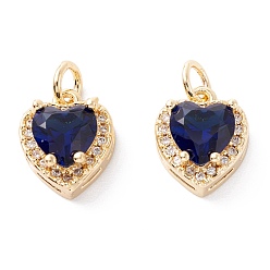 Blue Brass Micro Pave Cubic Zirconia Charms, with Jump Ring, Long-Lasting Plated, Heart, Real 18K Gold Plated, Blue, 12.5x10x6.5mm, Hole: 3.6mm