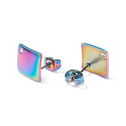 Rainbow Color Placage ionique (ip) 304 conclusions de boucles d'oreilles en acier inoxydable, losange, couleur arc en ciel, 13.5x13.5x1.4mm, longueur de côté: 10x10 mm, Trou: 1.5mm, pin: 0.8 mm