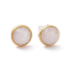 White Jade Natural White Jade Flat Round Stud Earrings, Real 24K Gold Plated 304 Stainless Steel Jewelry for Women, 16x9mm, Pin: 0.8mm