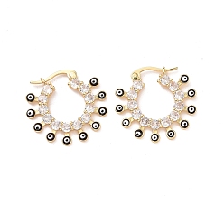 Black Enamel Evil Eye Hoop Earrings with Clear Cubic Zirconia, Gold Plated Brass Jewelry for Women, Cadmium Free & Lead Free, Black, 22.5x24.5x3mm, Pin: 0.7x0.9mm