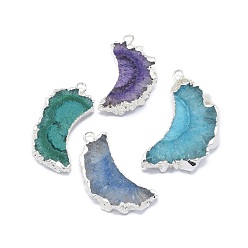 Silver Natural Druzy Quartz Pendants, Solar Quartz, with Brass Findings, Dyed, Moon, Mixed Color, Silver Color Plated, 18~50x7~20x4~6mm, Hole: 2.5mm