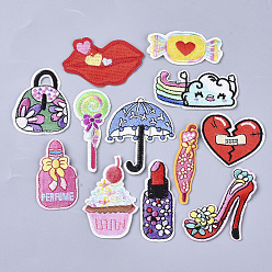 Mixed Color Computerized Embroidery Cloth Iron On/Sew On Patches, Costume Accessories, Appliques, Candy & Lady Bags & Lollipop & Umbrella & Rainbow & Perfume Bottle & Cake & Lipstick & Heart & High-Heeled Shoes, Mixed Color, 27~65x12~64x1.5mm, 120pcs/bag