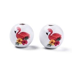 Flamingo Shape Perles en bois imprimées sur le thème de l'été, ronde, flamant, motif flamant, 15.5~16x15mm, Trou: 3.5mm