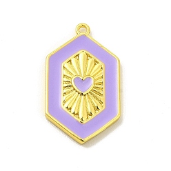 Lilac Brass Enamel Pendants, Cadmium Free & Lead Fre, Hexagon with Heart Charm, Golden, Lilac, 23x13.5x2.5mm, Hole: 1.2mm