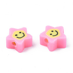 Pearl Pink Handmade Polymer Clay Beads, Star with Smiling Face, Pearl Pink, 7.5~9x8.5~9x3.5~4mm, Hole: 1.6mm
