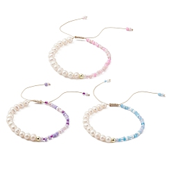 Couleur Mélangete 3 pcs 3 ensemble de bracelets en perles tressées avec graines de verre de couleur et perles naturelles, bracelets réglables en nylon, couleur mixte, diamètre intérieur: 1-7/8 pouce (4.65 cm), 1 pc / couleur