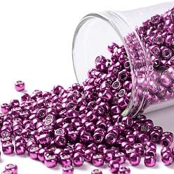 (563) Hot Pink Metallic Toho perles de rocaille rondes, perles de rocaille japonais, (563) rose vif métallisé, 8/0, 3mm, Trou: 1mm, environ1110 pcs / 50 g