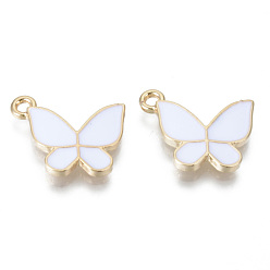 White Alloy Enamel Pendants, Cadmium Free & Lead Free, Butterfly, Light Gold, White, 19.5x16.5x2mm, Hole: 1.8mm