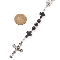 Negro Collar de cuentas de rosario de madera y turquesa sintética, Collar con colgante de cruz de aleación y Virgen María para religión, negro, 25.98 pulgada (66 cm)