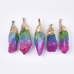 Quartz Crystal Electroplate Natural Quartz Crystal Big Pendants, with Iron Findings, Dyed, Nuggets, Golden, 55~71x15~25x15~22mm, Hole: 3.5x7mm