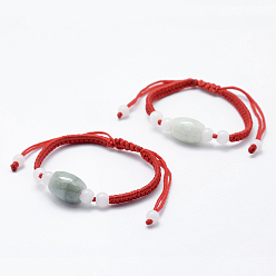 Red Natural Myanmar Jade/Burmese Jade Braided Bead Bracelets, Red String Bracelets, with Nylon Cord, Barrel, Red, 1-5/8 inch(42.5mm)