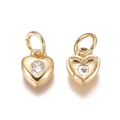 Oro Colgantes de latón, con circonita cúbica y anillos de salto, corazón, Claro, dorado, 7x6x2 mm, agujero: 3 mm