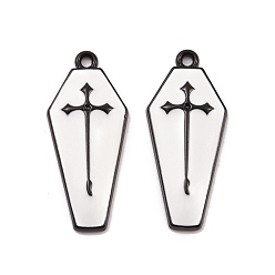 White Spray Painted Alloy Pendants, Long-Lasting Plated, Lead Free & Cadmium Free, Coffin with Cross, White, 26x11.5x2.5mm, Hole: 1.2mm