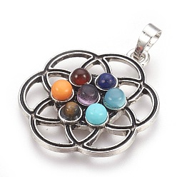Antique Silver Natural & Synthetic Gemstone Pendants, with Alloy Findings, Flower, Chakra, Antique Silver, 36x30x5mm, Hole: 5x8mm