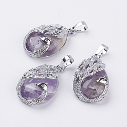Amethyst Natural Amethyst Pendants, with Brass Finding, Teardrop with Peacock, Platinum, 33x20x10.5mm, Hole: 5x6.5mm