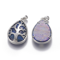Lapis Lazuli Natural Lapis Lazuli Pendants, with Brass Findings, Teardrop with Tree, Dyed, Platinum, 39x26x8mm, Hole: 4x6mm