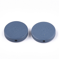 Steel Blue Painted Natural Wood Beads, Flat Round, Steel Blue, 19~20x4~5mm, Hole: 2mm