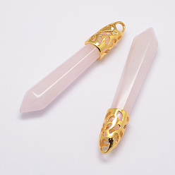 Cuarzo Rosa Colgantes de punta de cuarzo rosa natural, con fornituras de aleación, bala, dorado, 57~63x13x10 mm, agujero: 3x4 mm