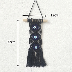 Black Handmade Macrame Cotton Thread Tassel Pendant Decoration, with Glass Turkey Evil Eye and Wood Bar, for Car Wall Hanging Decoration, Black, 220x120mm