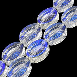 Blue AB Color Plated Electroplate Transparent Glass Beads Strands, Oval with Flower, Blue, 14x10.4x4.8mm, Hole: 1.2mm, about 45pcs/strand, 25.04 inch(63.6cm)