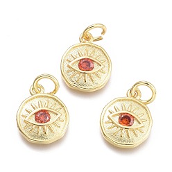 Indian Red Brass Micro Pave Cubic Zirconia Pendants, with Jump Ring, Flat Round with Eye, Real 18K Gold Plated, Indian Red, 12x10x2mm, Jump Rings: 5x0.8mm, Inner Diameter: 3mm