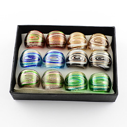 Mixed Color Handmade Gold Sand and Silver Foil Lampwork Wide Band Rings, Mixed Color, 17~19mm, about 12pcs/box