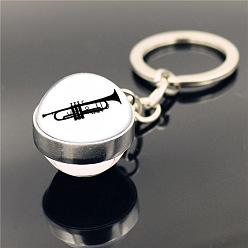 Musical Instruments Alloy Pendant Keychain, Musical Theme Glass Ball Keychains , Musical Instruments Pattern, 8cm