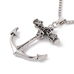 Antique Silver & Stainless Steel Color Alloy Skull Anchor Pendant Necklace with 201 Stainless Steel Box Chains, Gothic Jewelry for Men Women, Antique Silver & Stainless Steel Color, 23.62 inch(60cm)