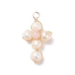 Rose Quartz Natural Rose Quartz & White Freshwater Pearl Pendants, with Real 18K Gold Plated Copper Wire Wrapped, Cross, 31.5x17.5x7mm, Hole: 3.1mm