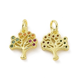 Colorful Brass Micro Pave Cubic Zirconia Charms, with Jump Ring, Tree, Real 18K Gold Plated, Colorful, 12x10x2mm, Hole: 3.2mm