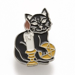 Black Cat and Candle Enamel Pin, Animal Alloy Badge for Backpack Clothes, Platinum, Black, 28x20x1.5mm, Pin: 1.2mm