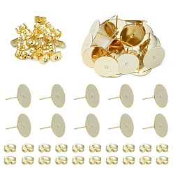 Golden 20Pcs 304 Stainless Steel Stud Earring Findings, Flat Round Pad Base Earring Settings, with 20Pcs Friction Ear Nuts, Golden, 12x12mm, Pin: 0.8mm
