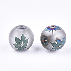 Cadet Blue Autumn Theme Electroplate Transparent Glass Beads, Frosted, Round with Maple Leaf Pattern, Cadet Blue, 10mm, Hole: 1.5mm