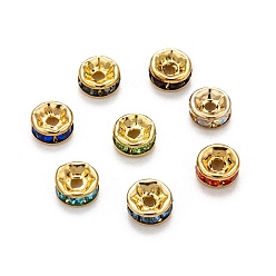 Mixed Color Brass Rhinestone Spacer Beads, Grade A, Straight Flange, Golden Metal Color, Rondelle, Mixed Color, 8x3.8mm, Hole: 1.5mm