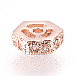 Розовый Позолоченный Латунные микро проложить кубического циркония бусы, шестиугольник, Настоящее розовое золото покрыто, 5.5x5.5x2 мм, отверстие : 1 мм