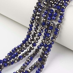 Prussian Blue Electroplate Opaque Glass Beads Strands, Half Black Plated, Faceted, Rondelle, Prussian Blue, 2x1.5mm, Hole: 0.4mm, about 195pcs/strand, 11 inch(28cm)