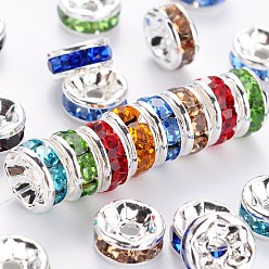 Mixed Color Brass Rhinestone Spacer Beads, Grade AAA, Straight Flange, Nickel Free, Silver Color Plated, Rondelle, Mixed Color, 7x3.2mm, Hole: 1.2mm